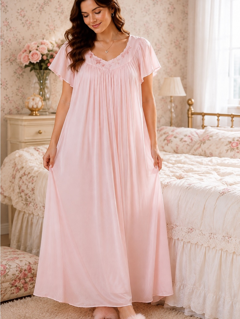Miss Elaine Classics Pink Nylon Embroidered Long Nightgown Medium